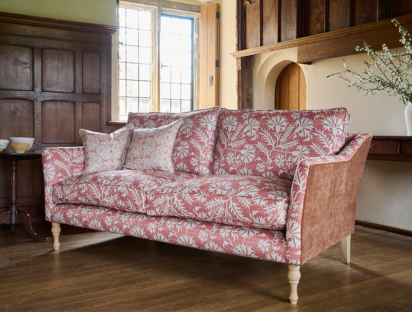 Brunel 3 Seater Sofa in Gertrude Jekyll Meadow Flower Reversed Terracotta with Back and Sides in Mohair Kiln and Scatters in Gertrude Jekyll Ornamental Terracotta